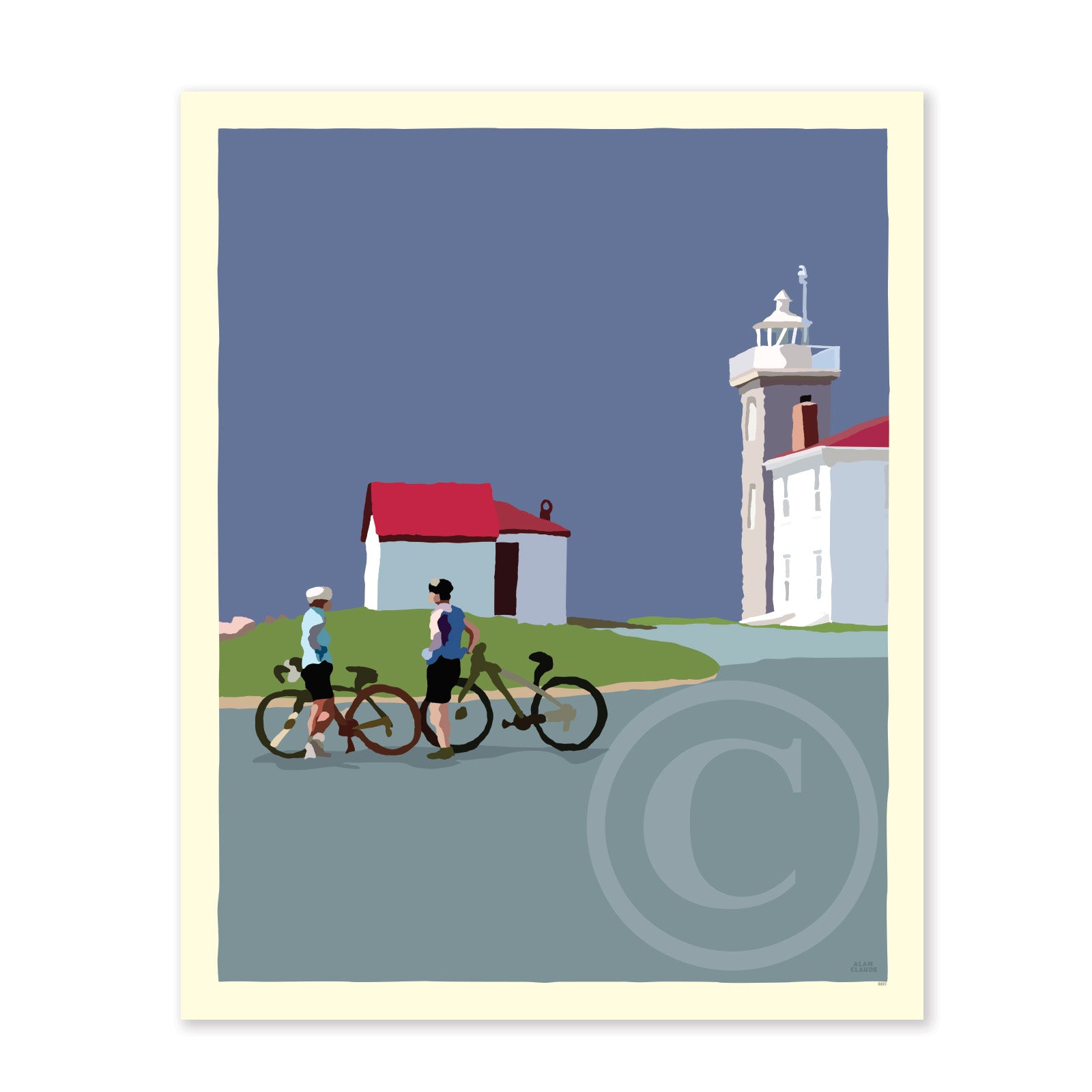Cyclists at Watch Hill Lighthouse Vertical