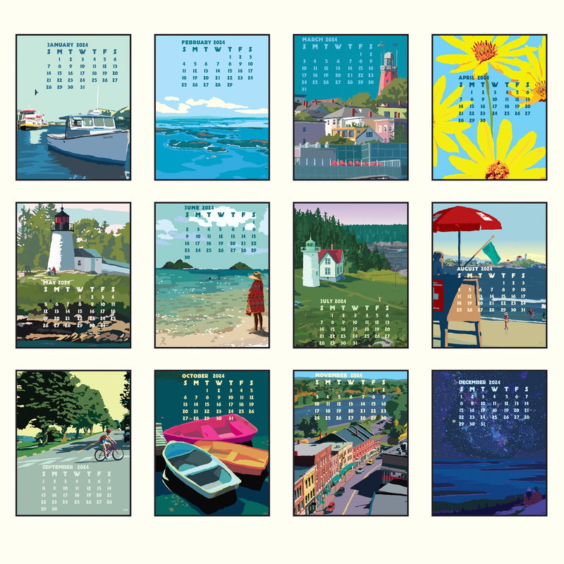 2024 DESK Art Calendar 5x7 Retro Vintage Art Style by Maine Artist Alan Claude