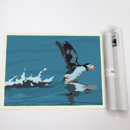 Puffin Takes Flight Art Print 18" x 24" Horizontal Wall Poster - Maine