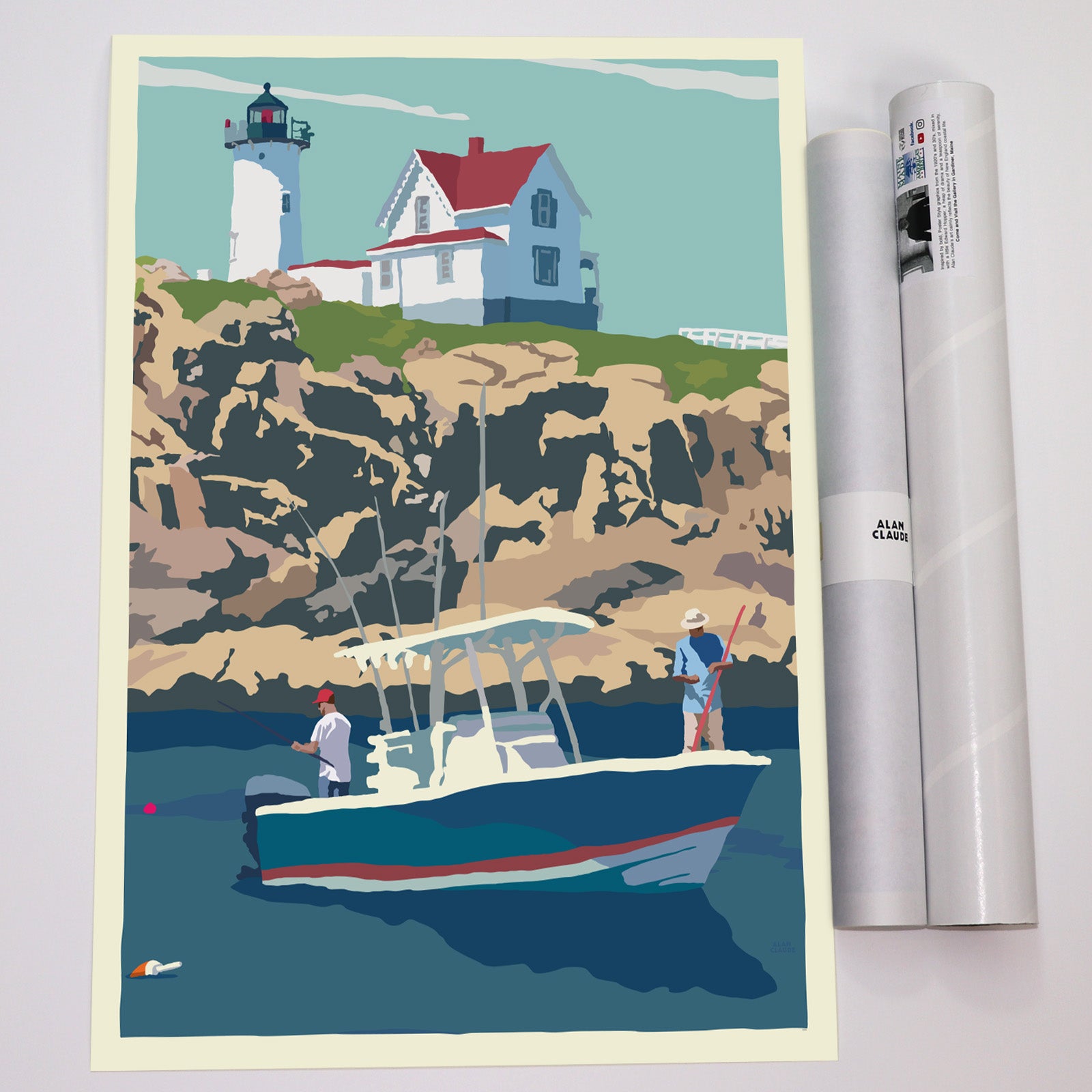 Fishing at the Nubble No Text Art Print 18" x 24" Travel Poster - Maine