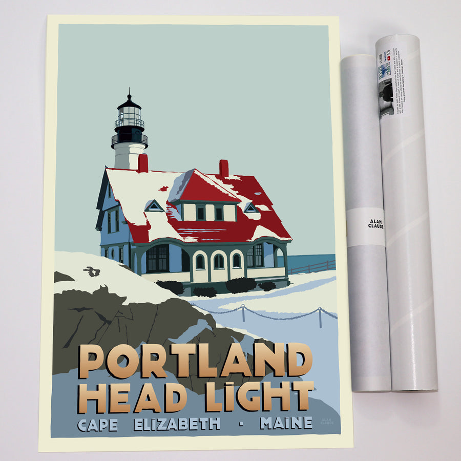 Portland Head Light in Winter Art Print 18" x 24" Vertical Travel Poster - Maine