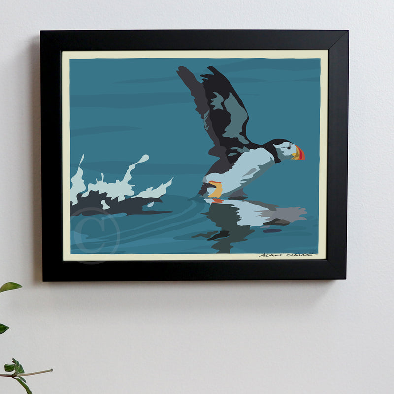 Puffin Takes Flight Art Print 8" x 10" Horizontal Framed Wall Poster- Maine