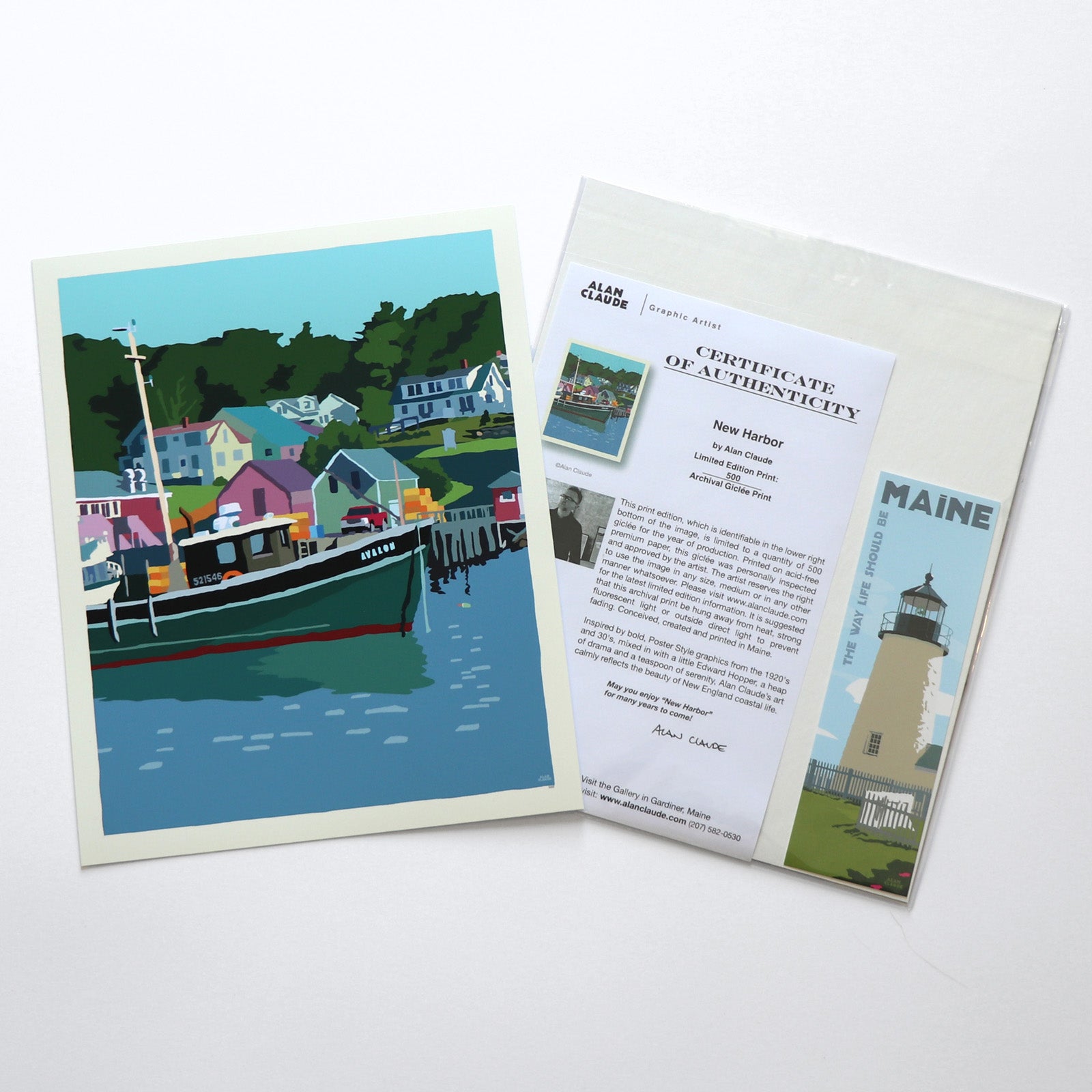 New Harbor Art Print 8" x 10" Travel Poster By Alan Claude - Maine