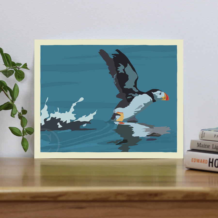 Puffin Takes Flight Art Print 8" x 10” Horizontal Wall Poster By Alan Claude - Maine