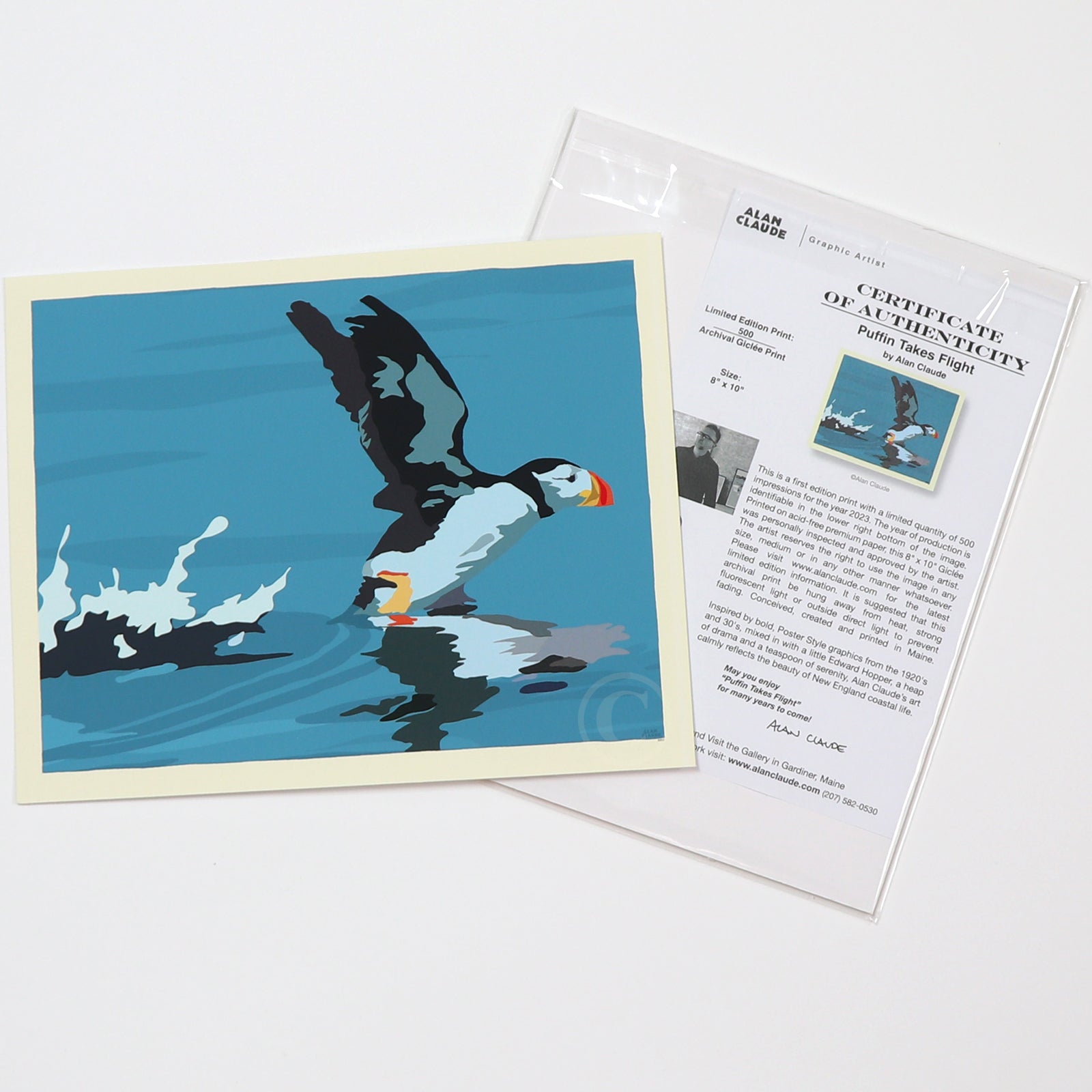 Puffin Takes Flight Art Print 8" x 10” Horizontal Wall Poster By Alan Claude - Maine