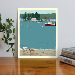 Golden Retriever at Beach "Go Fetch" Vertical Art Print 8" x 10" Travel Poster By Alan Claude - Maine