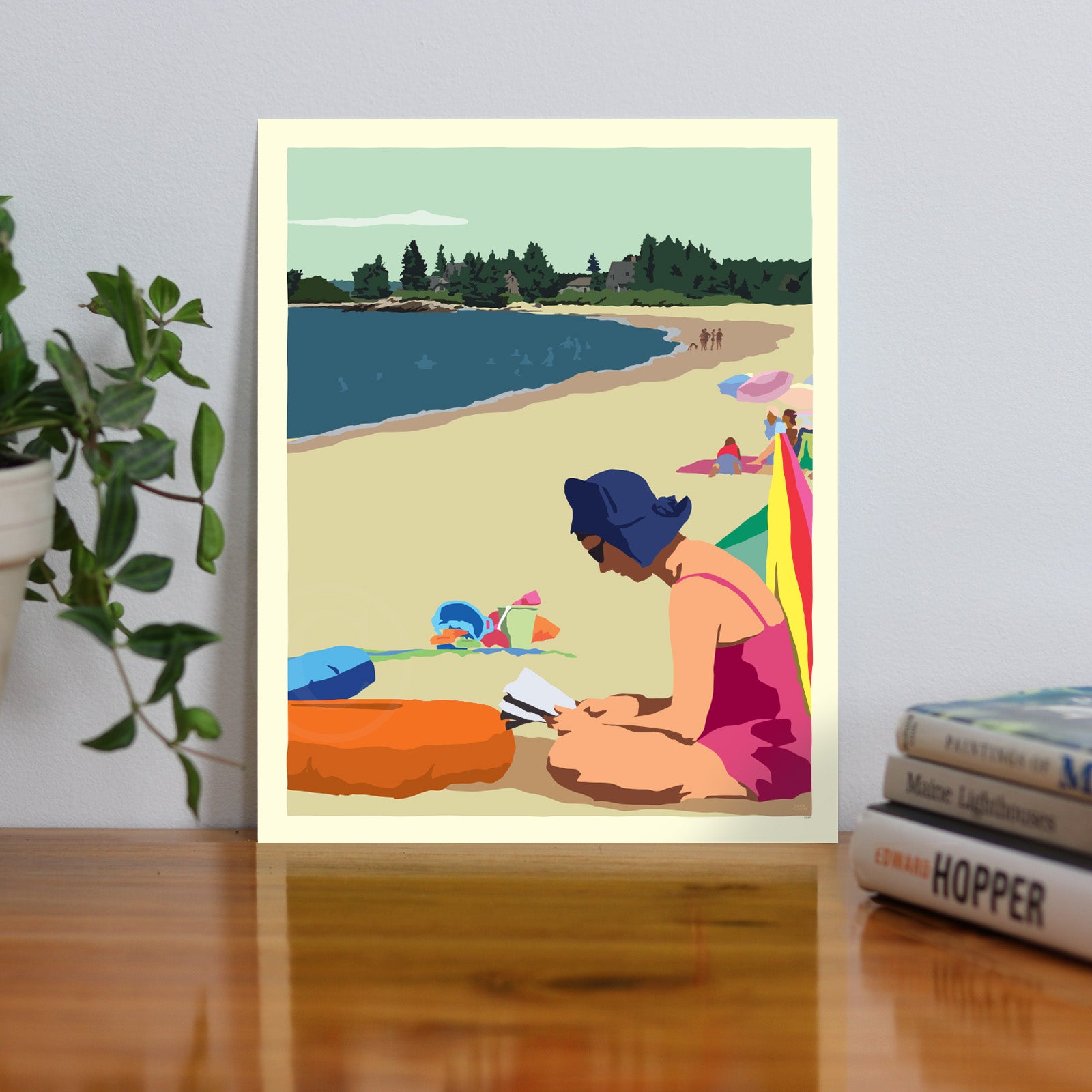 Good Book on a Beach Day Art Print 8" x 10" Travel Poster By Alan Claude - Maine