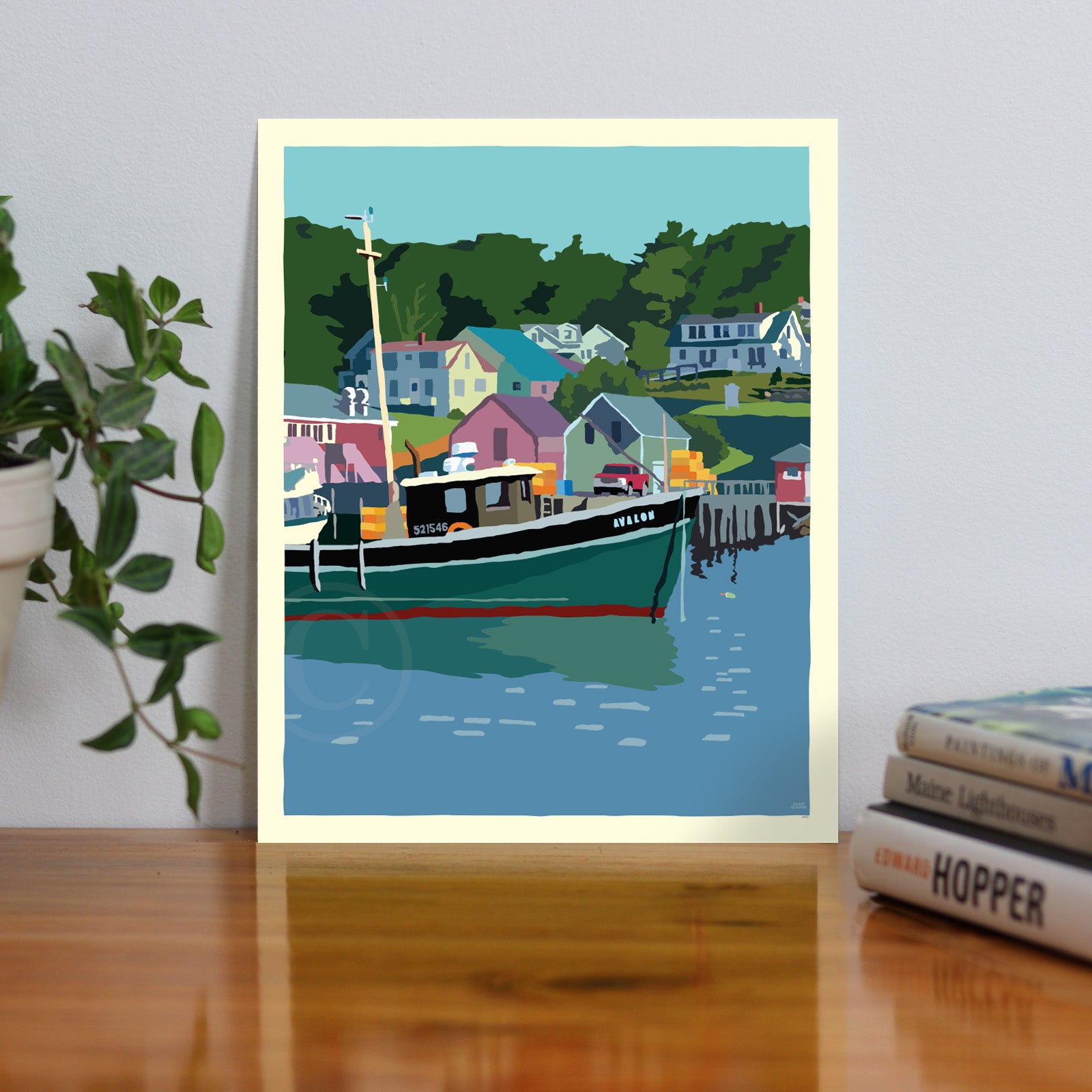 New Harbor Art Print 8" x 10" Travel Poster By Alan Claude - Maine