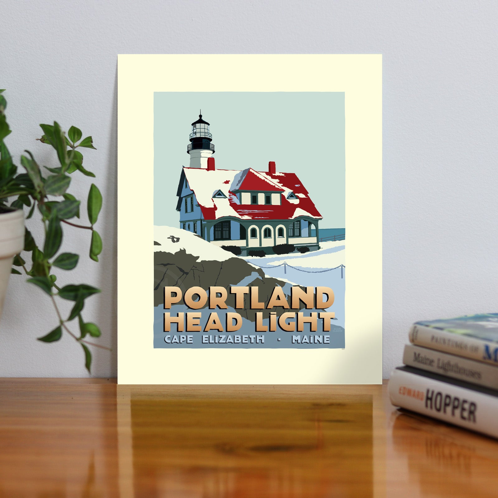 Portland Head Light in Winter Art Print 8" x 10" Travel Poster By Alan Claude - Maine