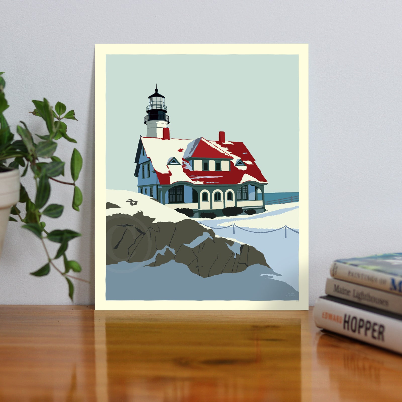 Portland Head Light in Winter No Text Art Print 8" x 10" Travel Poster By Alan Claude - Maine