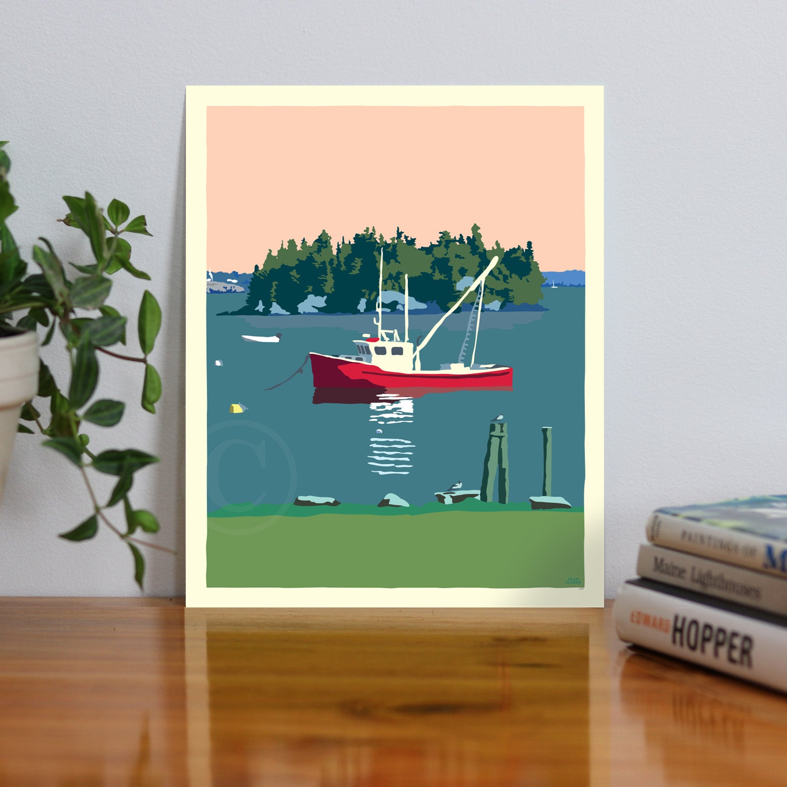 Lubec Lobster Boat Art Print 8" x 10" Travel Poster By Alan Claude - Maine