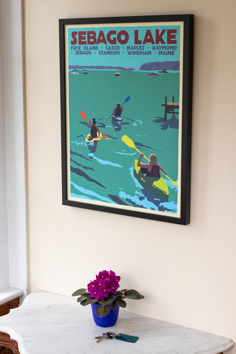 Sebago Lake kayakers Art Print 18" x 24" Framed Travel Poster - Maine by Alan Claude