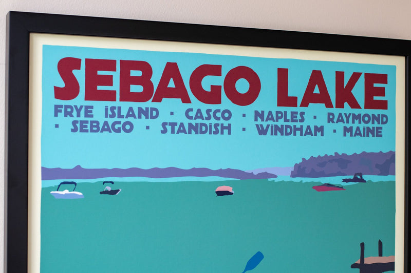 Sebago Lake kayakers Art Print 18" x 24" Framed Travel Poster - Maine by Alan Claude