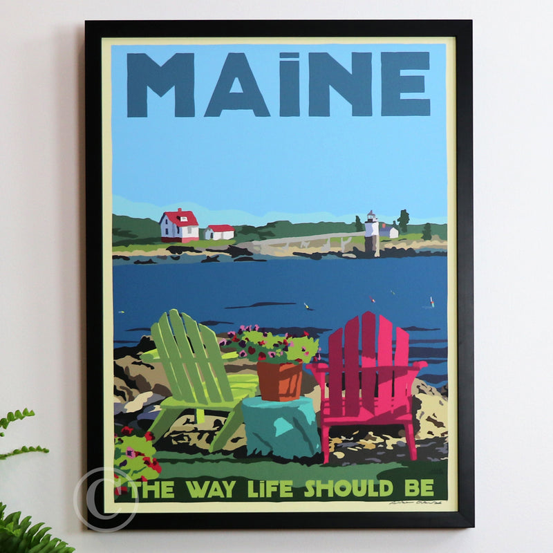 Chairs Overlooking Ram Island Light Art Print 18" x 24" Framed Travel Poster - Maine