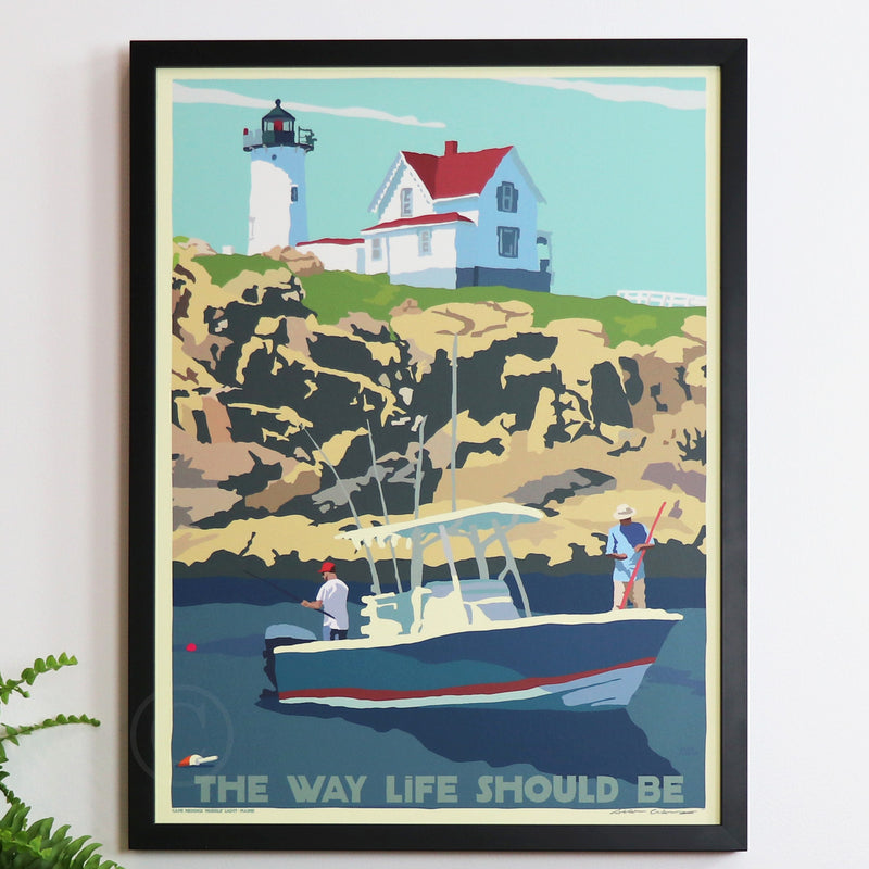 Fishing at the Nubble Art Print 18" x 24" Framed Travel Poster - Maine