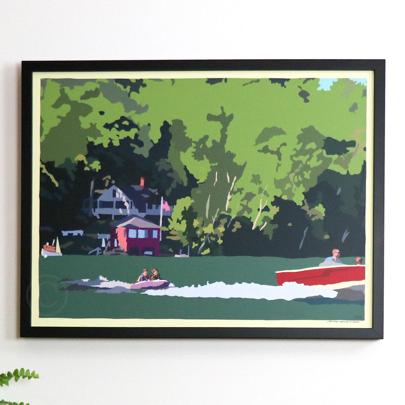 Tubing on a Lake Art Print 18" x 24" Horizontal Framed Wall Poster By Alan Claude - Maine