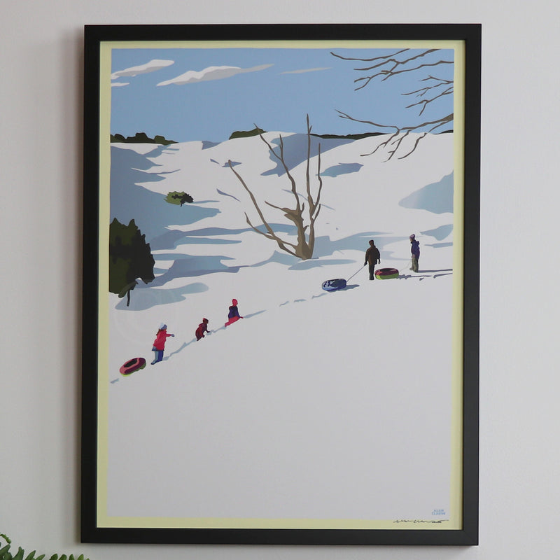 Snow Kids Art Print 18" x 24" Framed Wall Poster - Maine