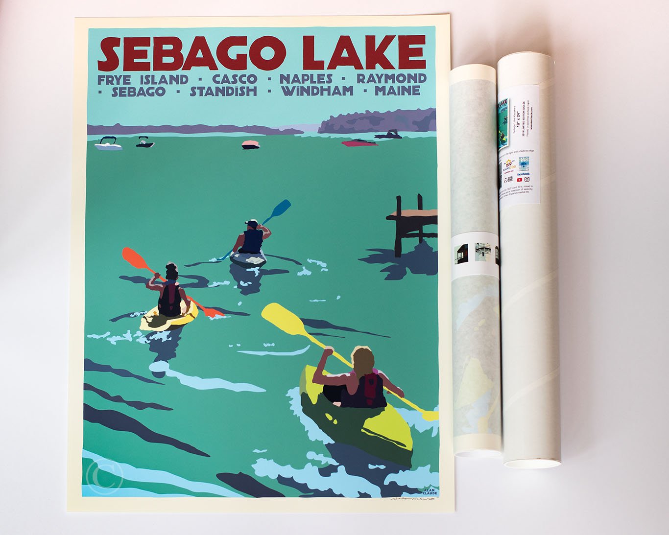 Sebago Lake kayakers Art Print 18" x 24" Travel Poster - Maine by Alan Claude