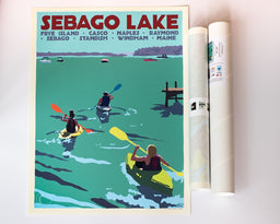 Sebago Lake kayakers Art Print 18" x 24" Travel Poster - Maine by Alan Claude