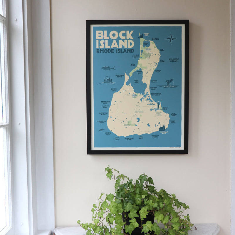 Block Island Map Art Print Framed 18" x 24" Travel Poster - Rhode Island