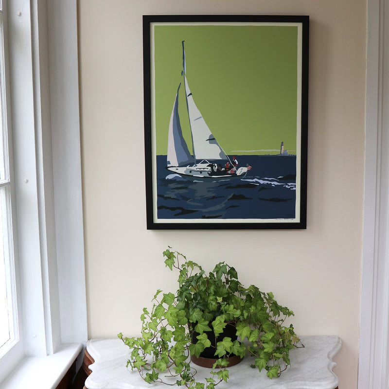 Sailing Half Way Rock Light Art Framed Print 18" x 24" Travel Poster - Maine