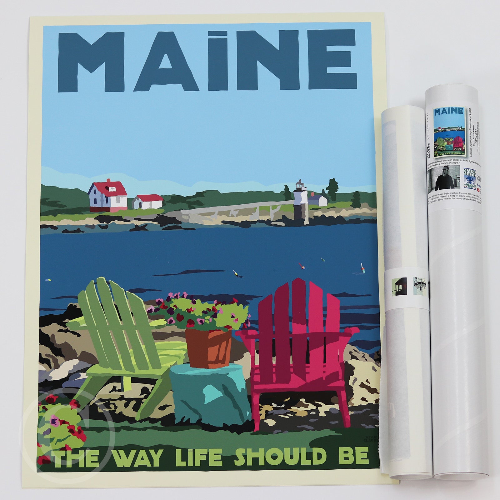 Chairs Overlooking Ram Island Light Art Print 18" x 24" Travel Poster - Maine