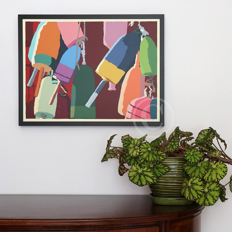 Lobster Buoys Art Print 18" x 24" Horizontal Framed Wall Poster By Alan Claude - Maine
