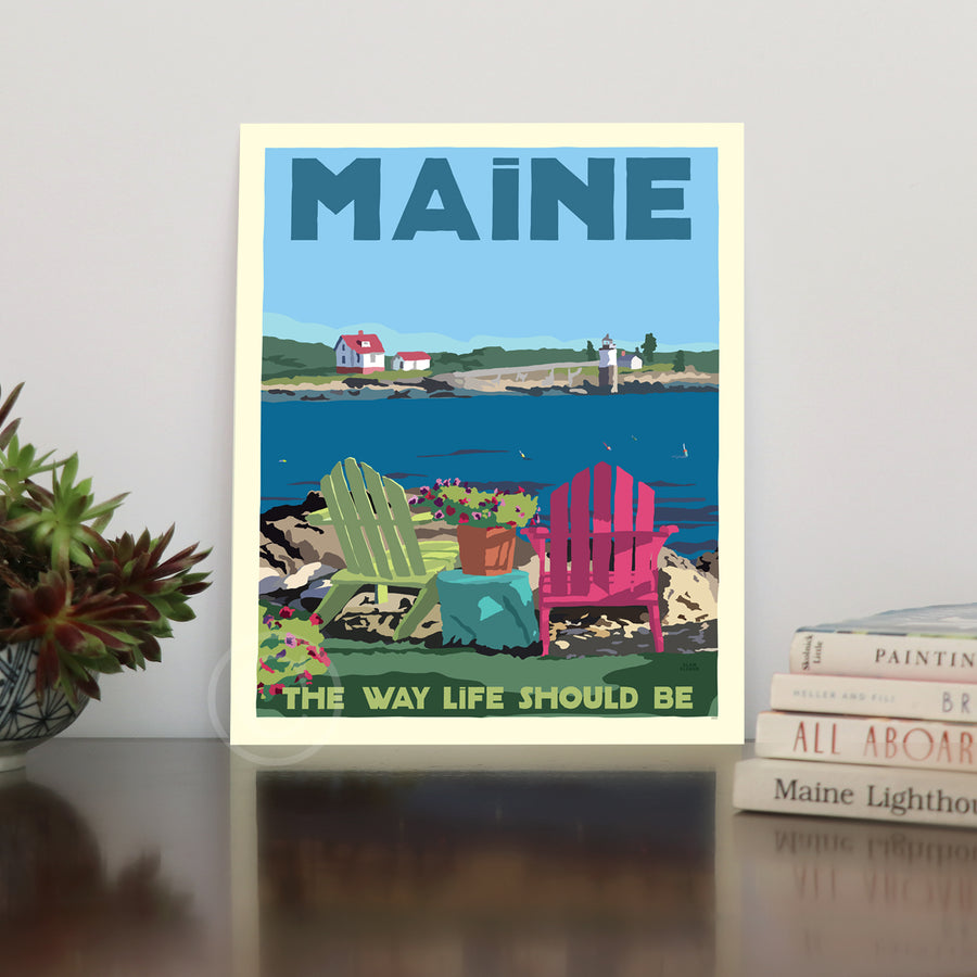 Maine Chairs Overlooking Ram Island Art Print 8" x 10" Wall Poster - East Boothbay Harbor