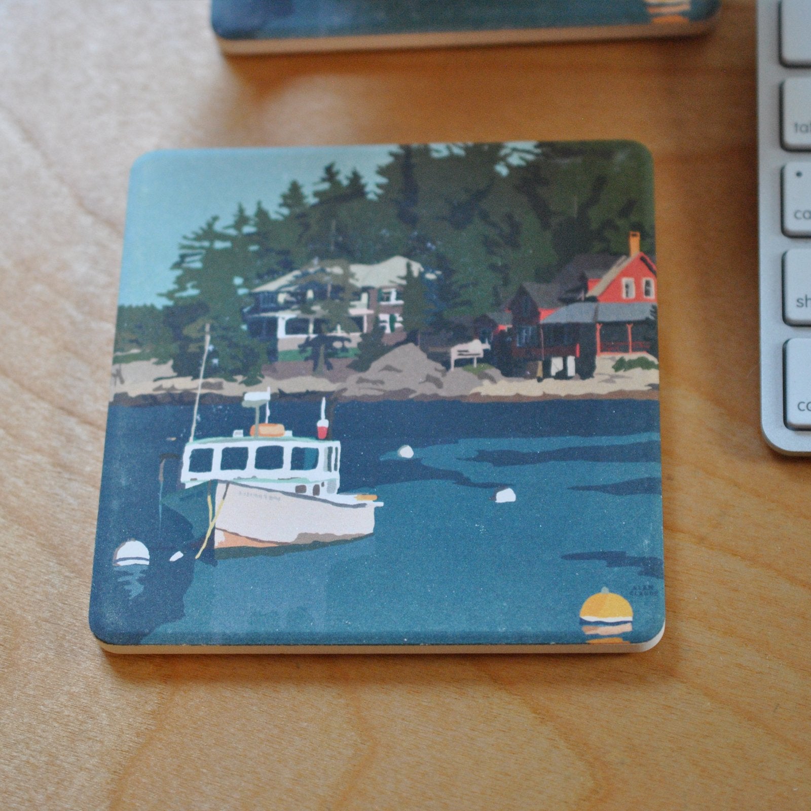 Lobster Boat at Five Islands Art Drink Coaster - Maine