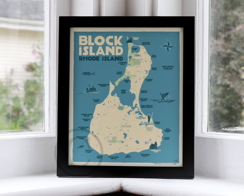 Block Island Map Art Print 8" x 10" Framed Wall Poster - Rhode Island
