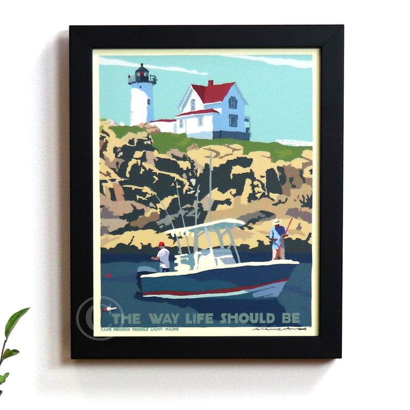 Fishing at the Nubble Art Print 8" x 10" Framed Travel Poster- Maine
