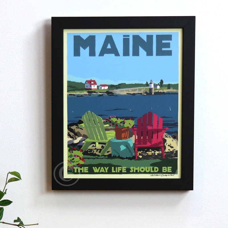 Chairs Overlooking Ram Island - Maine The Way Life Should Be Art Print 8" x 10" Framed Travel Poster- Maine