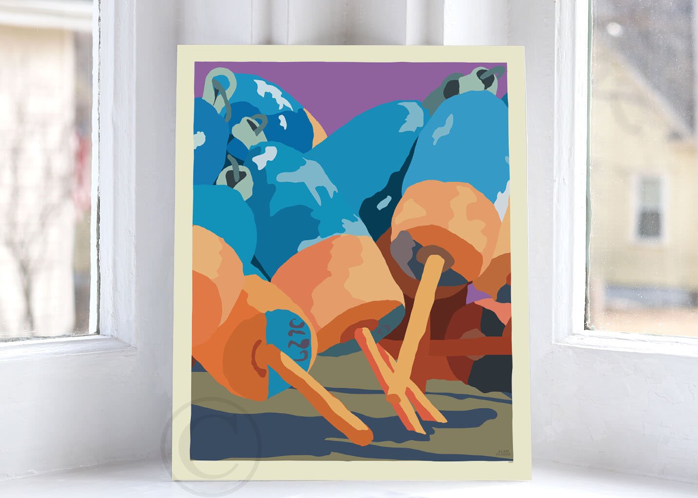 Blue & Orange Lobster Buoys Art Print 8" x 10" Wall Poster By Alan Claude