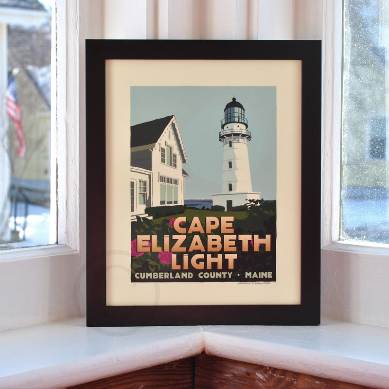 Cape Elizabeth Light Art Print 8" x 10" Framed Travel Poster - Maine