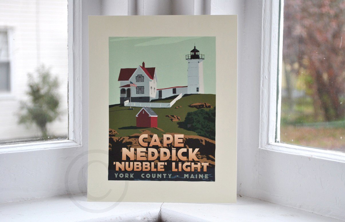 Cape Neddick Nubble Light Art Print 8" x 10" Travel Poster - Maine