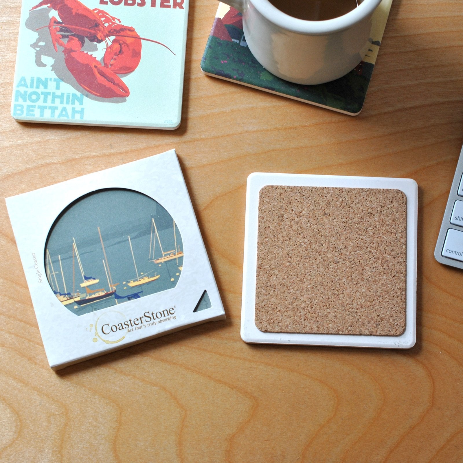 Golden Retriever At Beach "Go Fetch" Art Drink Coaster - Maine