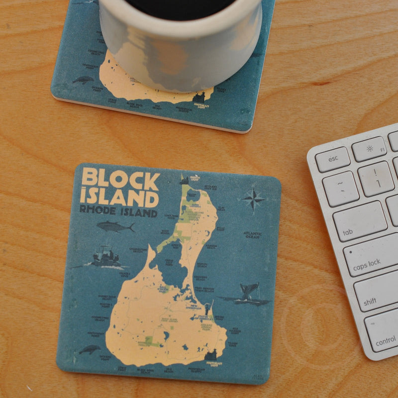 Block Island Map Art Drink Coaster - Massachusetts