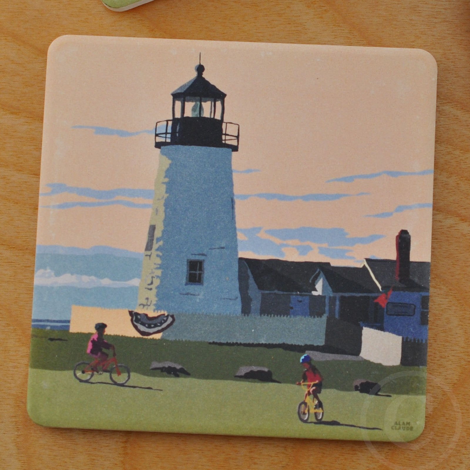 Pemaquid Bicycle Girls Art Drink Coaster - Maine