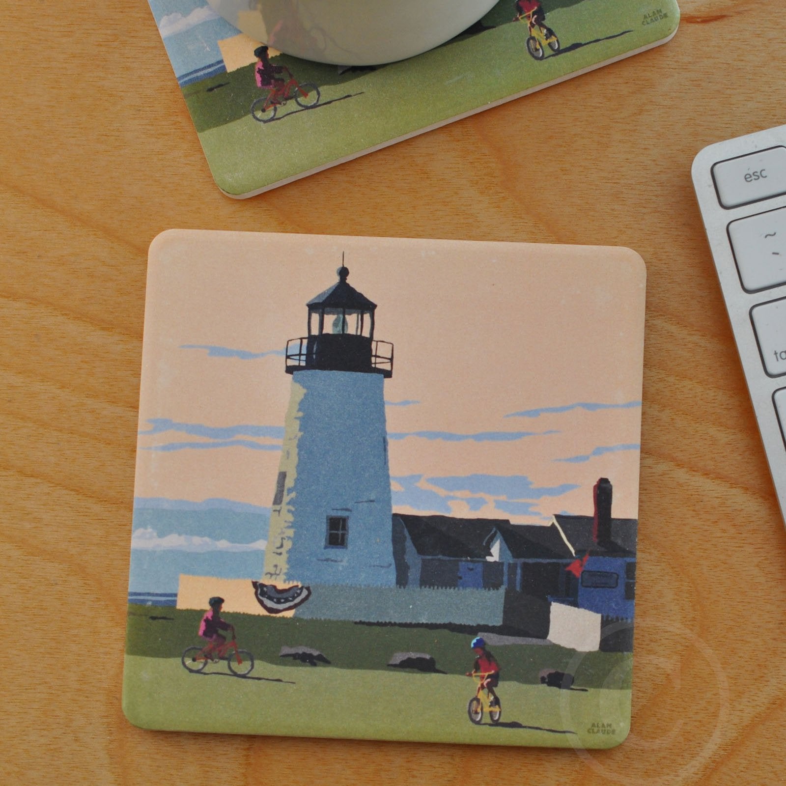 Pemaquid Bicycle Girls Art Drink Coaster - Maine