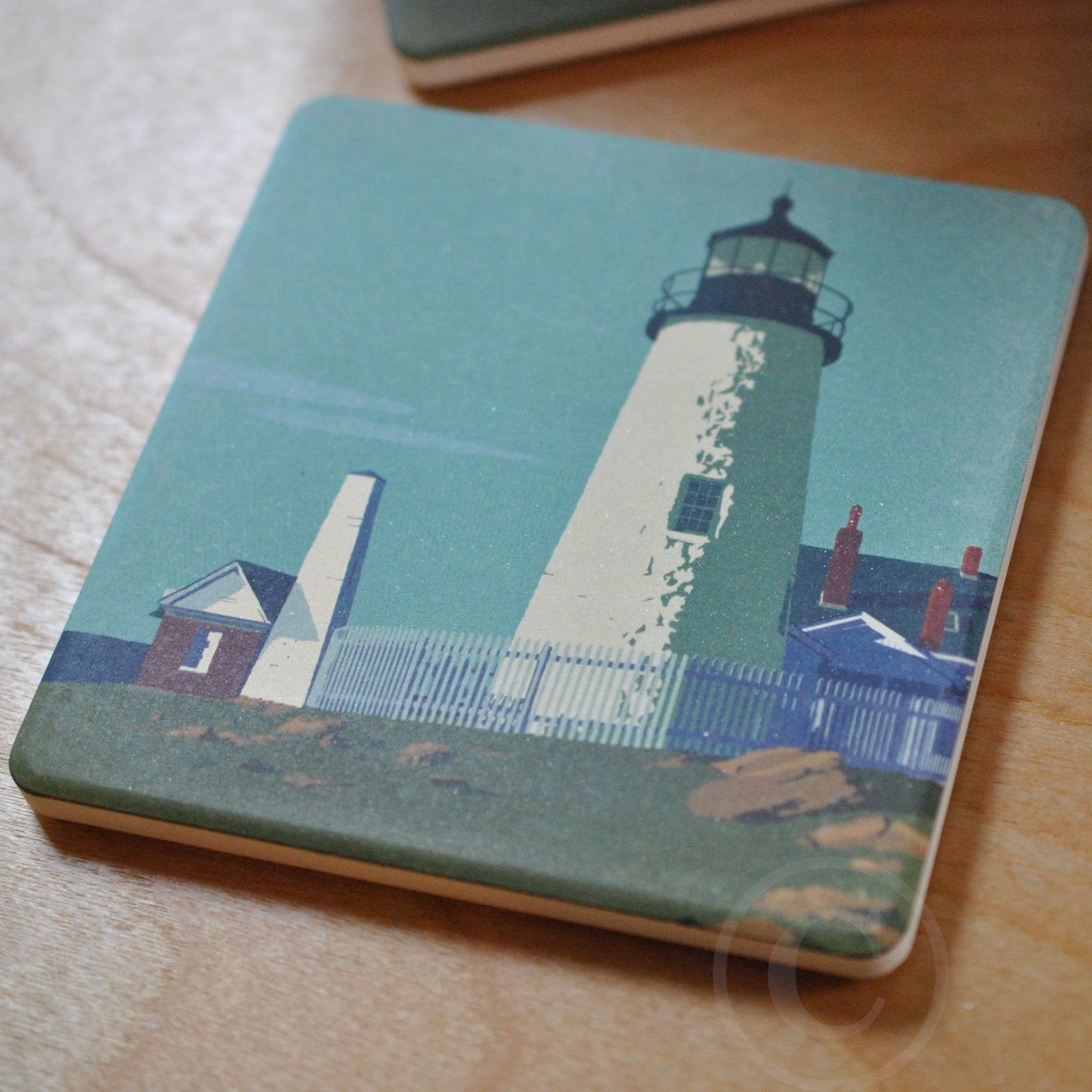 Pemaquid Point Light Art Drink Coaster - Maine -