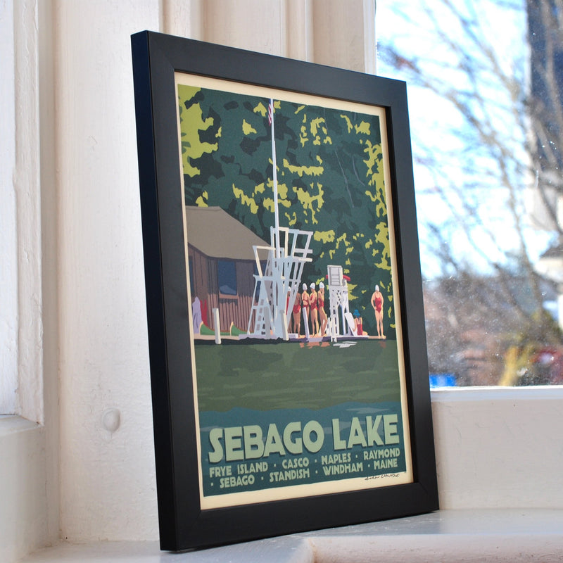 Sebago Lake Swimmers Art Print 8" x 10" Framed Travel Poster - Maine