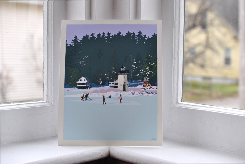 Ice Skating At Ladies Delight Art Print 8" x 10" Wall Poster - Maine