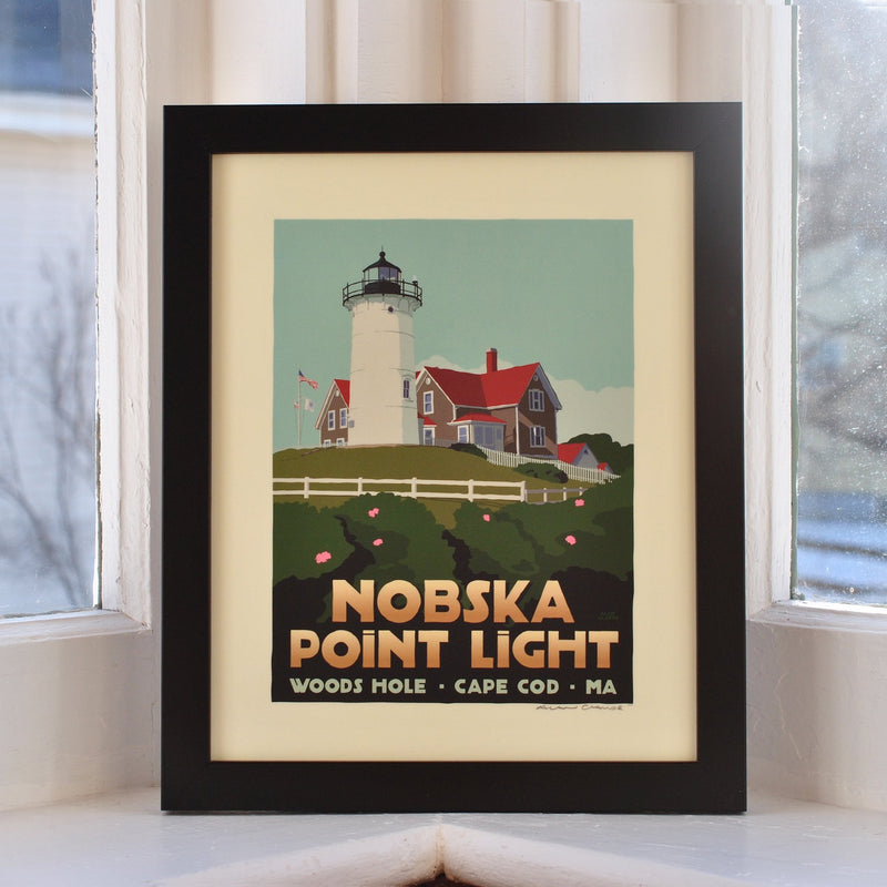Nobska Point Light Art Print 8" x 10" Framed Travel Poster - Massachusetts