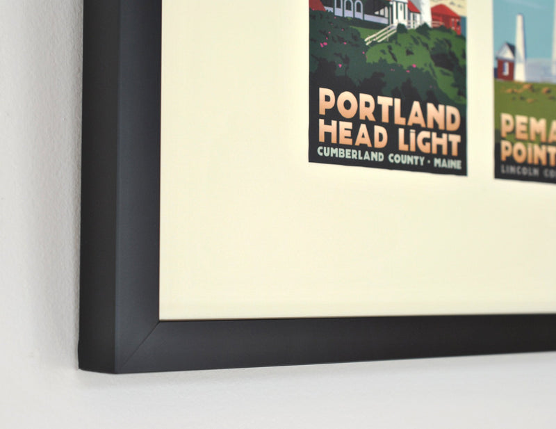 Maine Lighthouse Series Art Print 12" x 36" Framed Travel Poster - Maine