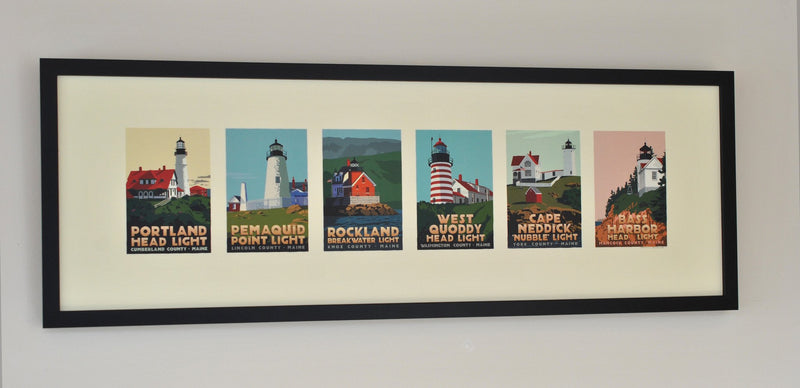 Maine Lighthouse Series Art Print 12" x 36" Framed Travel Poster - Maine