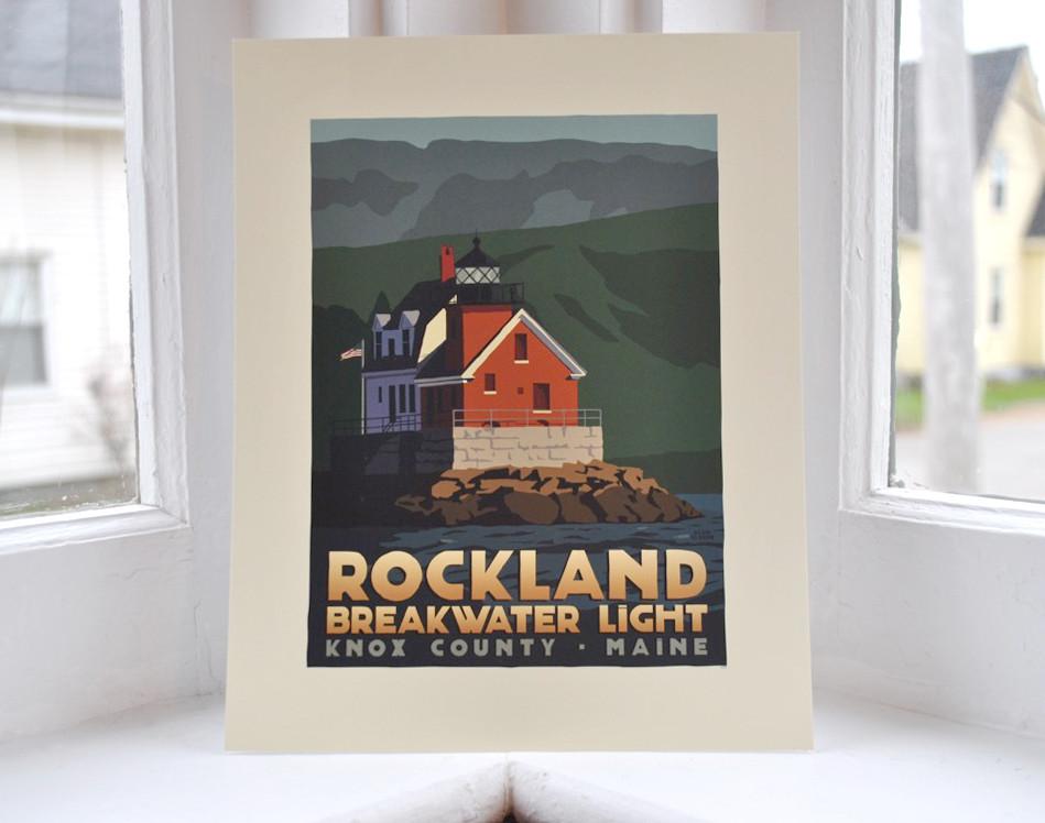 Rockland Breakwater Light Art Print 8" x 10" Travel Poster - Maine