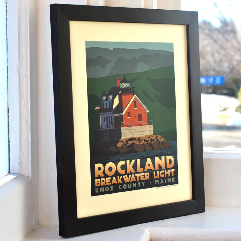 Rockland Breakwater Light Art Print 8" x 10" Framed Travel Poster - Maine