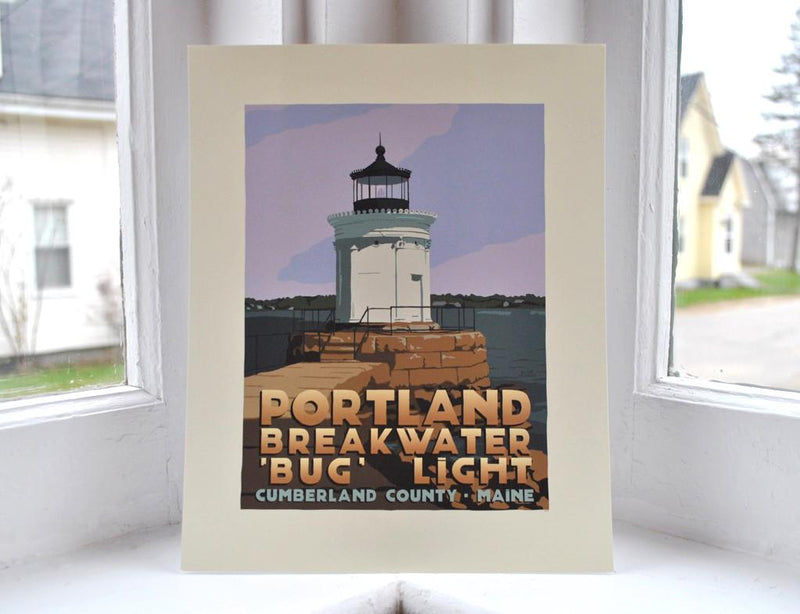 Portland Breakwater Bug Light Art Print 8" x 10" Travel Poster - Maine