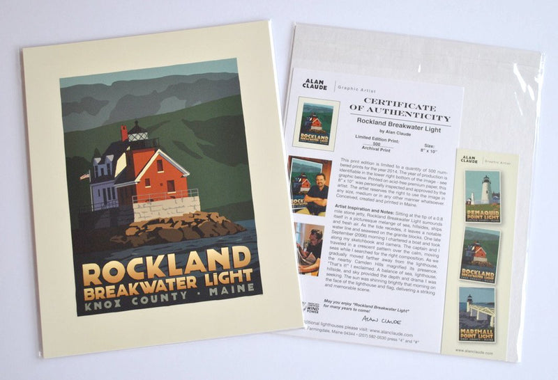 Rockland Breakwater Light Art Print 8" x 10" Travel Poster - Maine