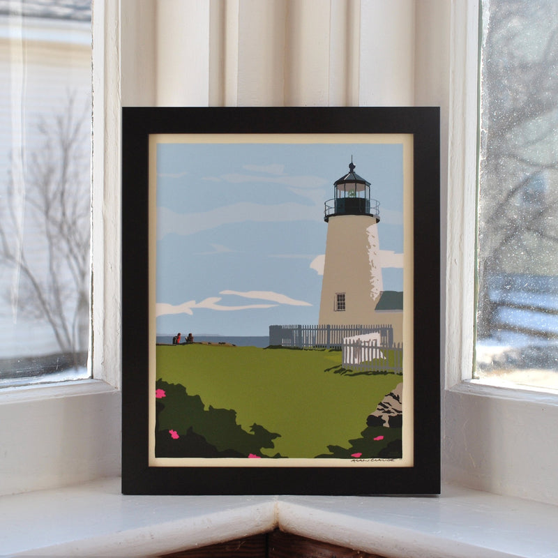 Pemaquid Point Light Hikers Art Print 8" x 10" Framed Wall Poster - Maine